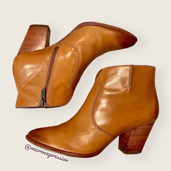 $349 Frye Jennifer Genuine Leather Cognac Pointed Toe Zip Up Cute Ankle Bootie - Picture 8 of 16